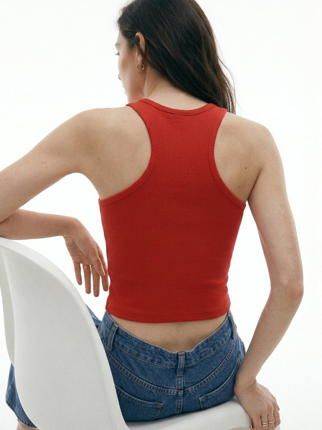 Red High Neck Tank With Gold Ring Trim