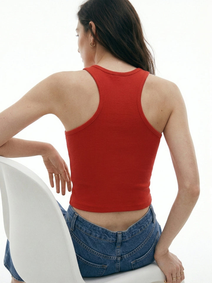 Red High Neck Tank With Gold Ring Trim