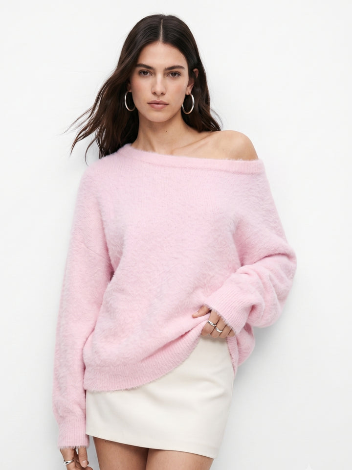 Pink Off-Shoulder Fuzzy Sweater
