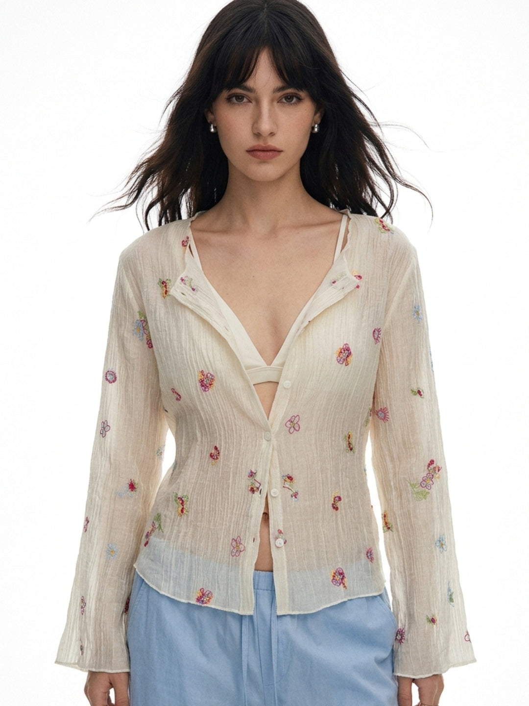 Off White Full Sleeve Front Buttoned Printed Top