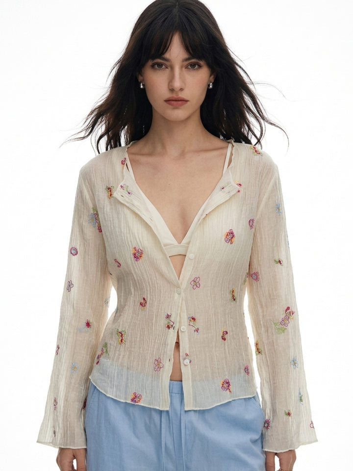 Off White Full Sleeve Front Buttoned Printed Top