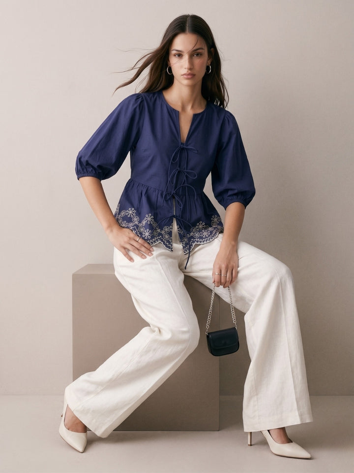Blue Scallop Embroidered Blouse