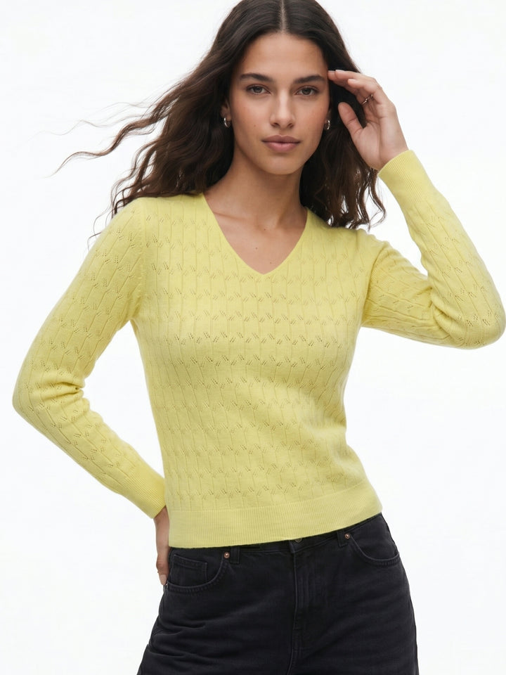 Lime Full Sleeve V Neck Relaxed Sweaters