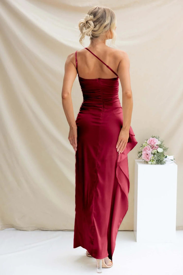 Maroon One Shoulder Slit Dress