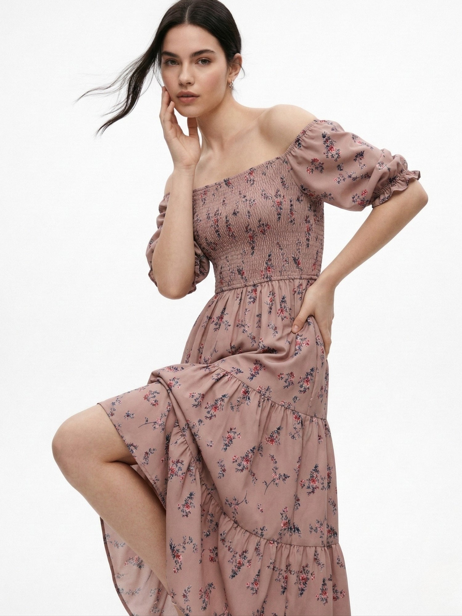 Brown Short Sleeve Square Neck Dress