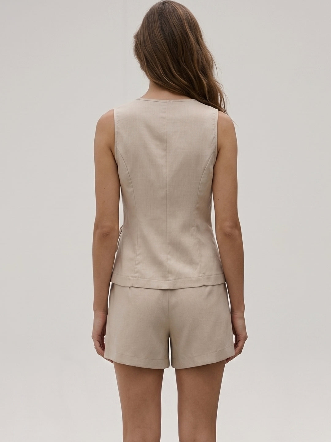 Beige Waist Tie-Up Vest And Shorts Set