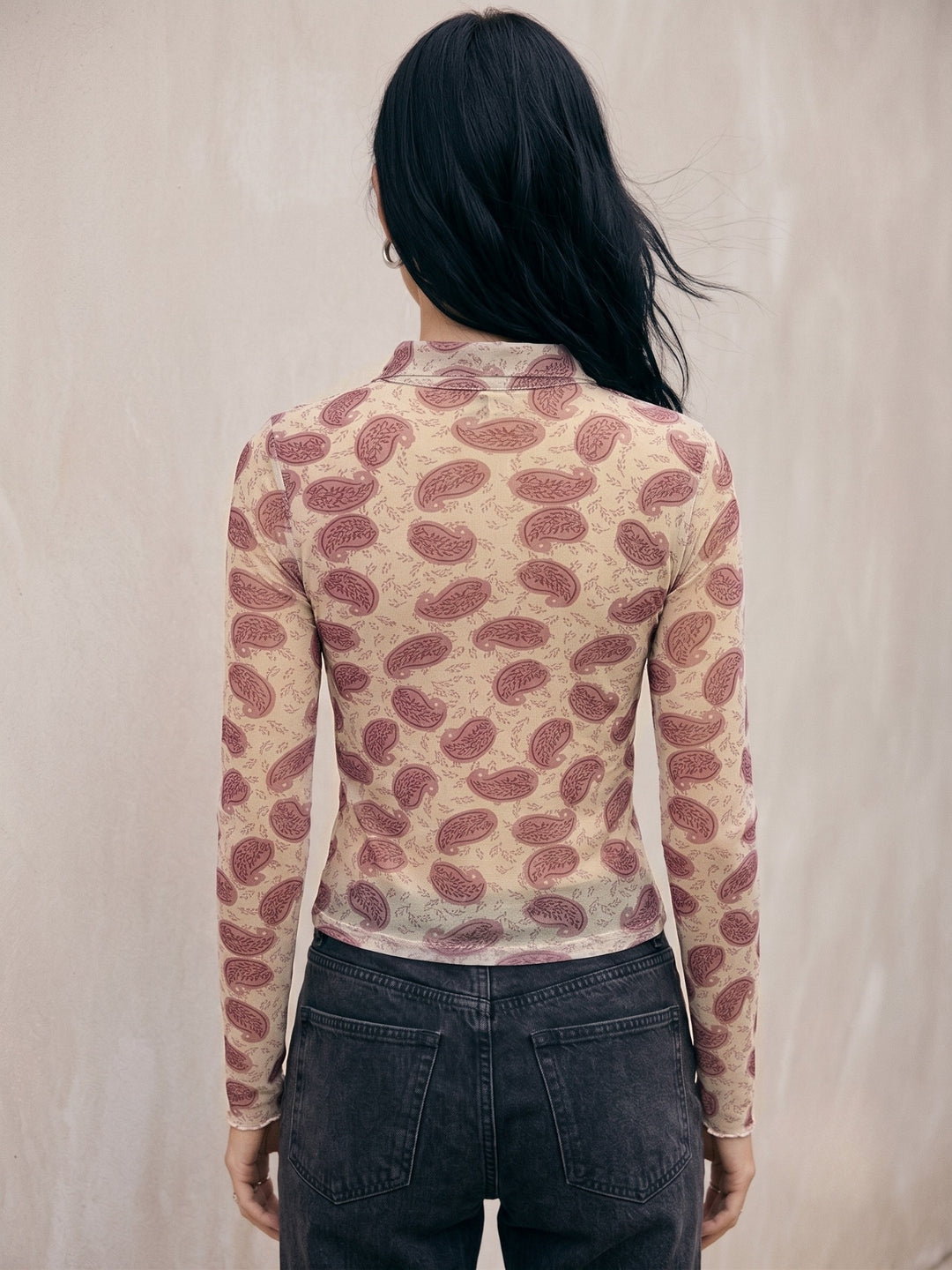 Multi Printed Fitted Mesh Shirt Top With Flared Sleeves