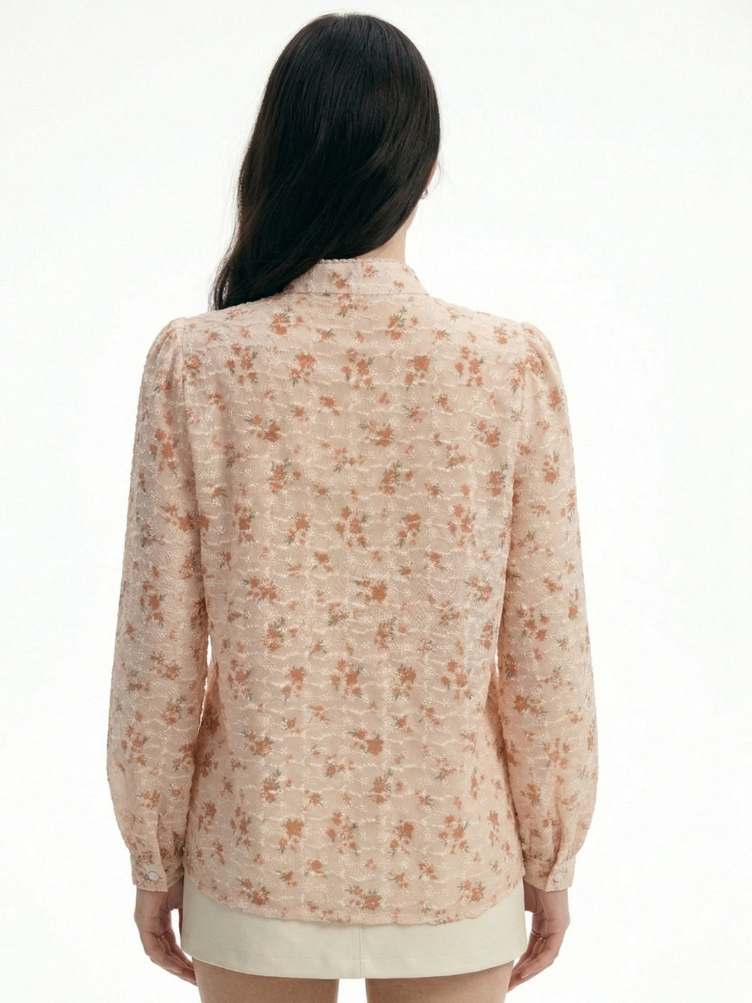 Beige Mandarin Neck Scalloped Neck Printed Blouse