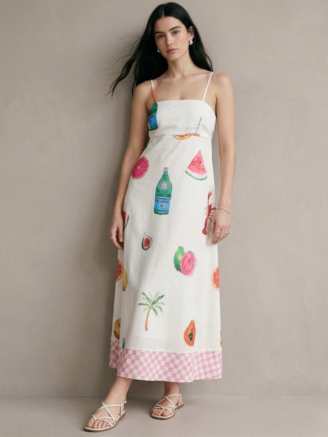 White Fruit Print Fit And Flare Maxi Dress