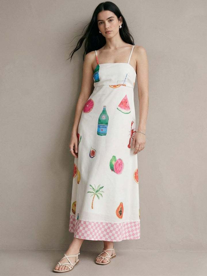 White Fruit Print Fit And Flare Maxi Dress
