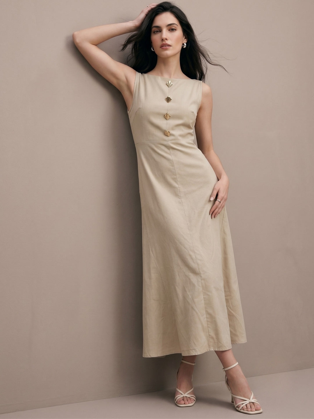 Beige Button Down Detail Flowy Dress