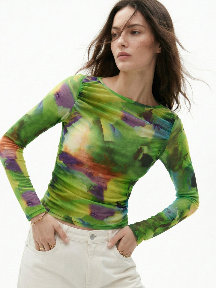 Green Abstract Print Fitted Top