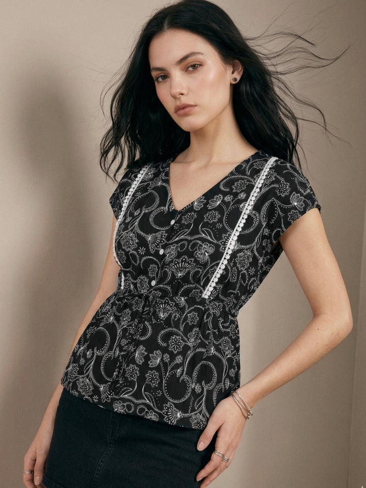 Black Floral Print Top
