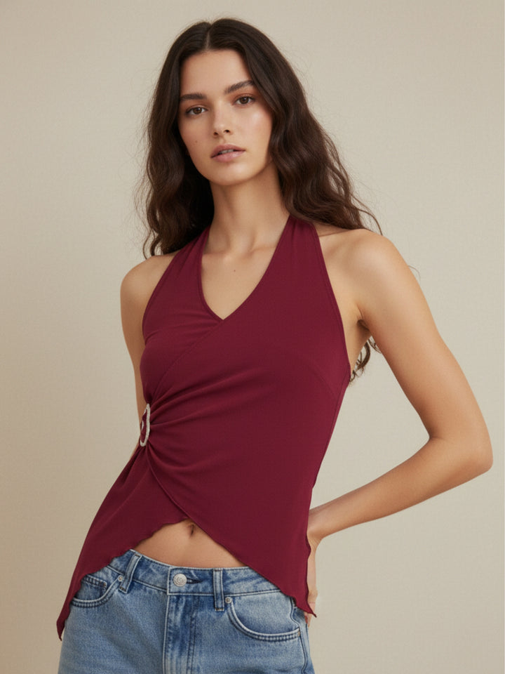 Red Halter Wrap Top With Metal Trim Top