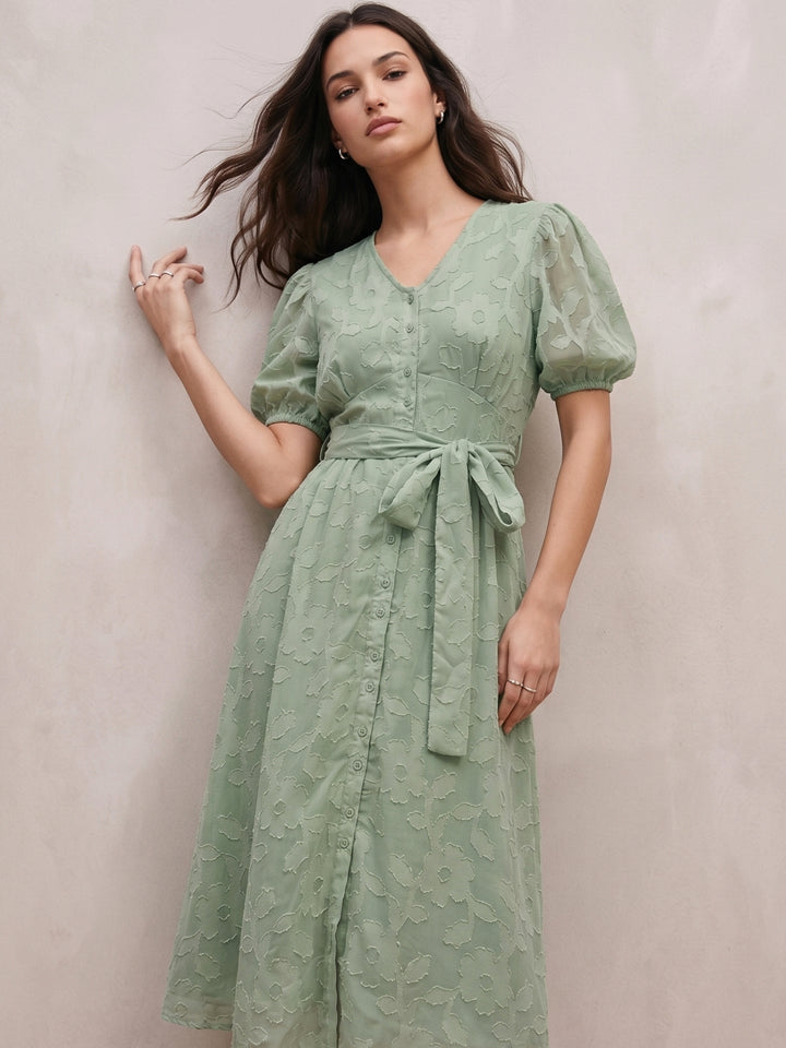 Green Midi Length A Line Dress In Jacquard Fabric