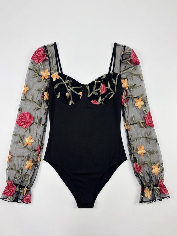 Black Sweetheart Neckline Bodysuits With Sheer Sleeves