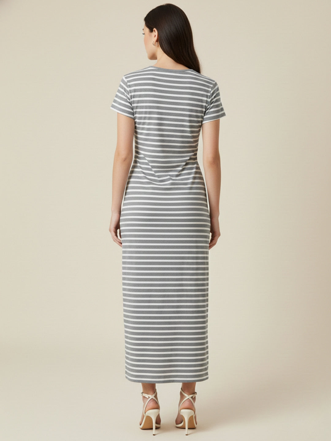 White Short Sleeve Waist Knit Detail Striped Dress