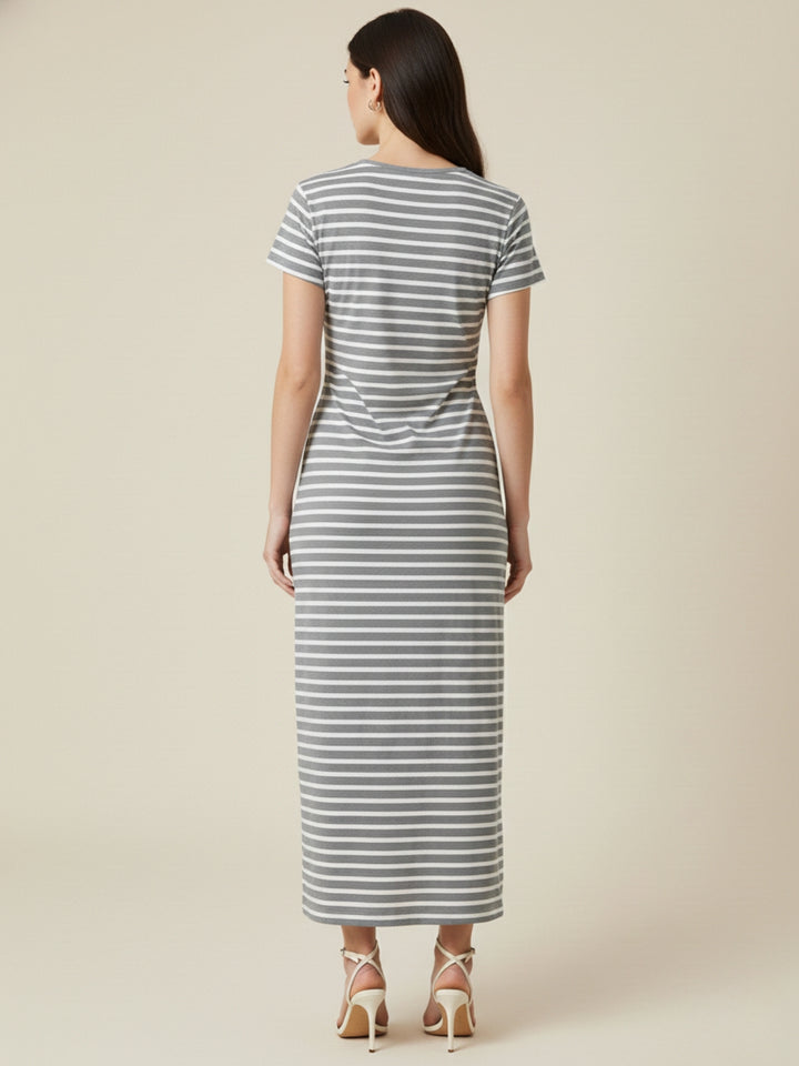 White Short Sleeve Waist Knit Detail Striped Dress