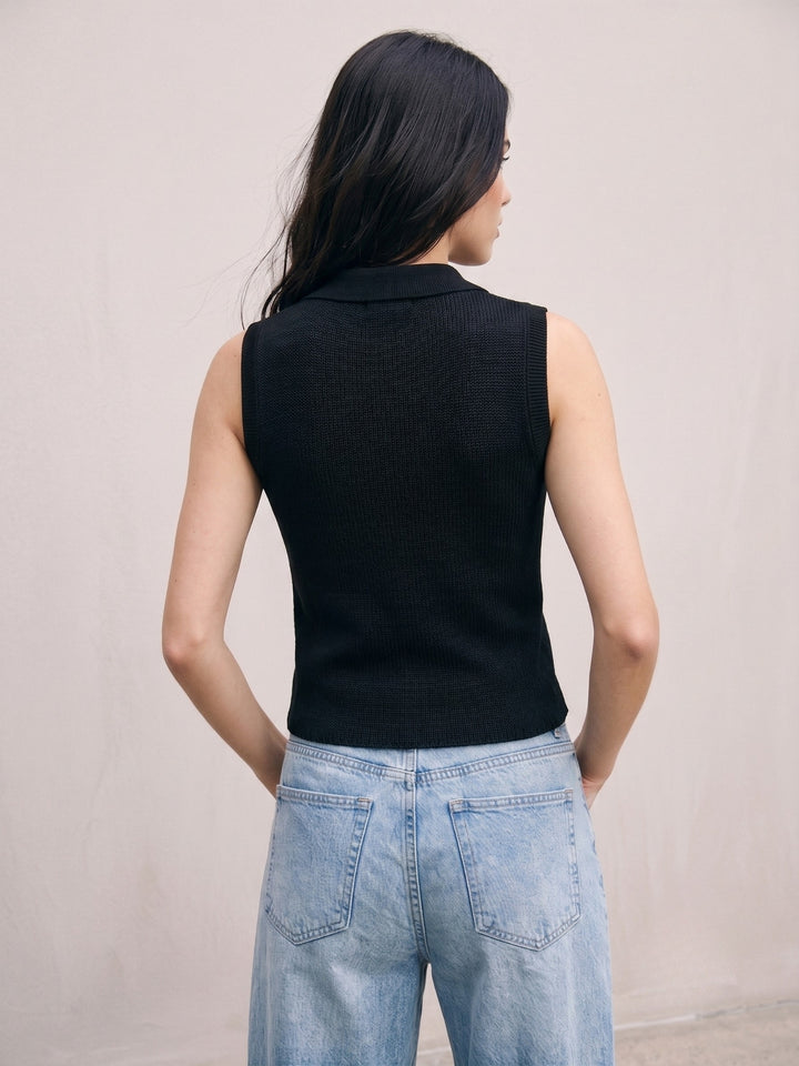 Black Cable Textured Polo Top With Bow Embroidery