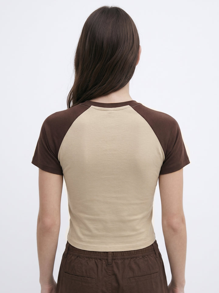 Brown Contrast Raglan Sleeved Graphic T-Shirt