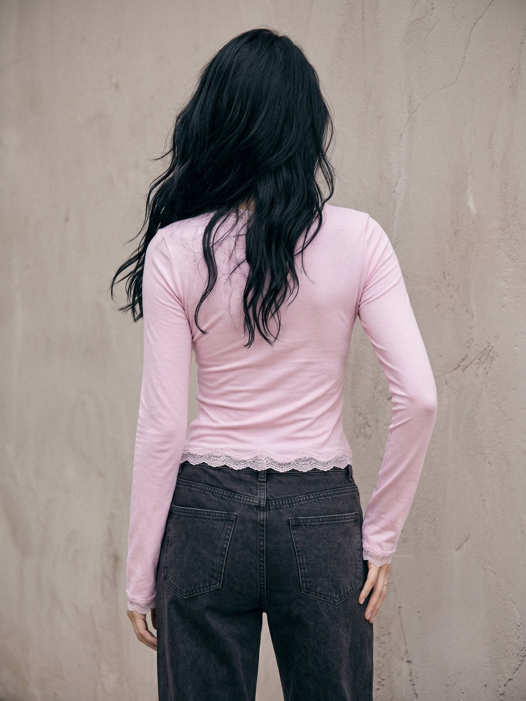 Pink Square Neck Top With Lace Inserts And Flared Sleeves
