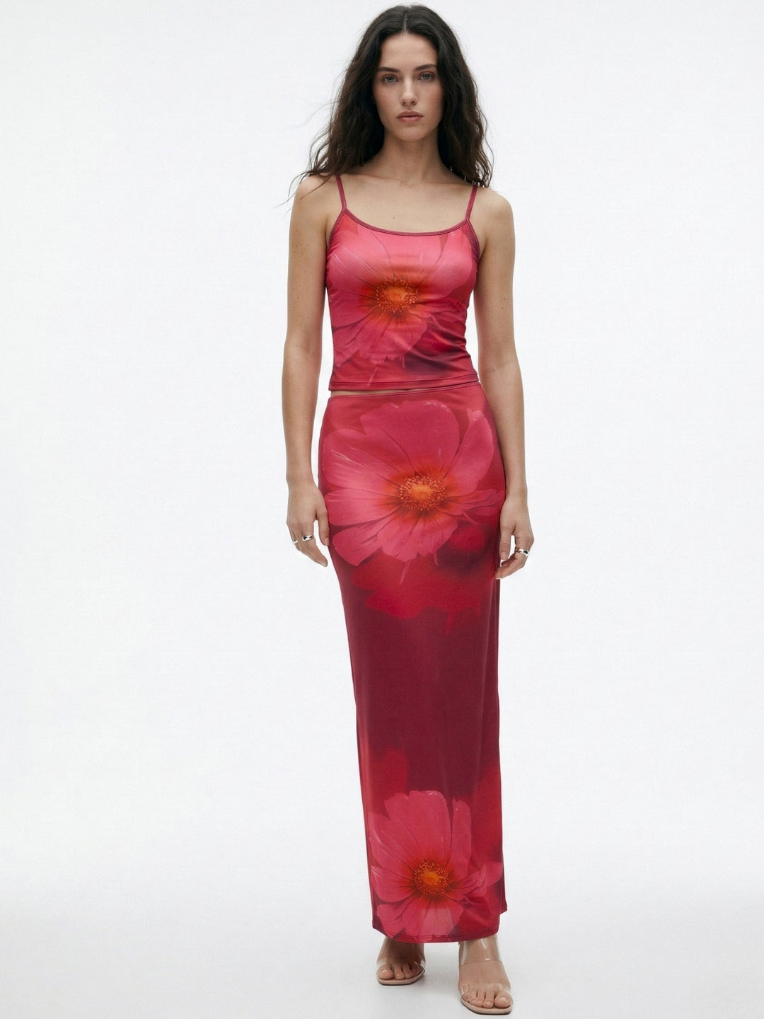 Pink Spaghetti Strap Top And Skirt Set