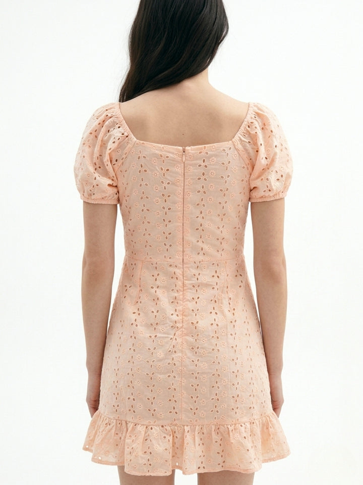 Peach Sweetheart Neck Schiffli Dress