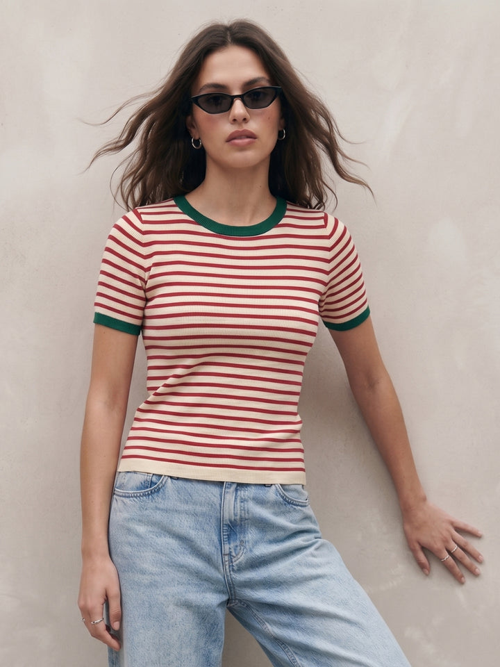 Red Contrast Hem Striped Top