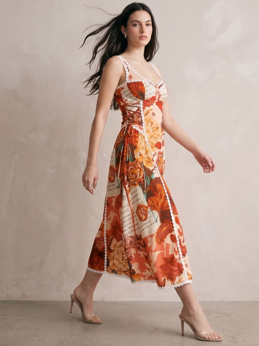 Brown Shoulder Strap Printed Dress