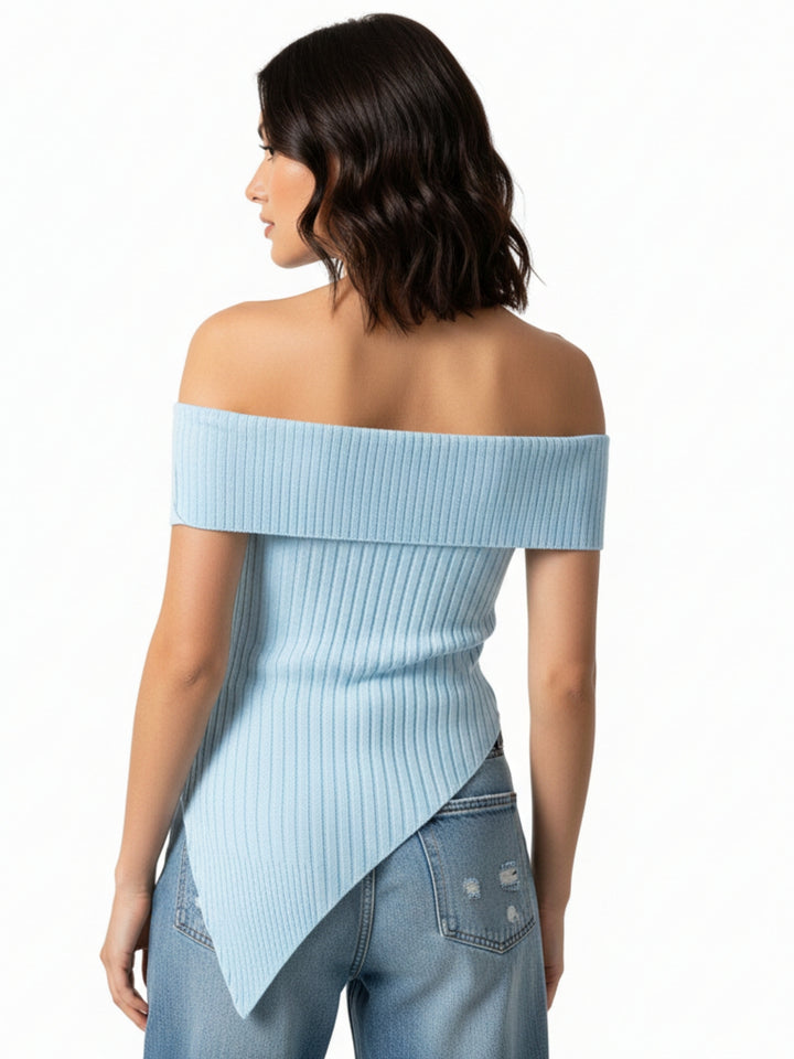 Blue Off Shoulder Asymmetrical Hem Top