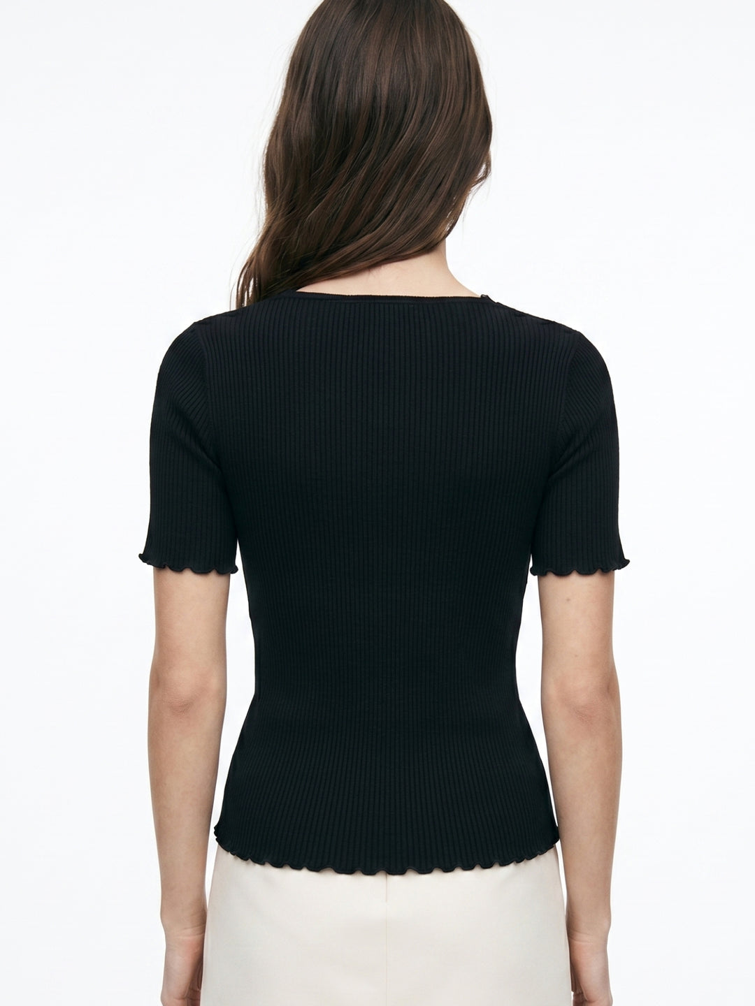 Black Collared V Notch Top With Lace Inserts