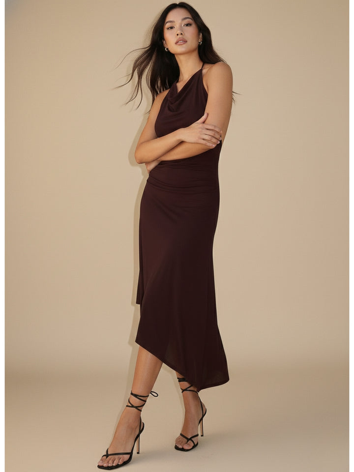 Brown Halter Neck Asymmetrical Hem Dress