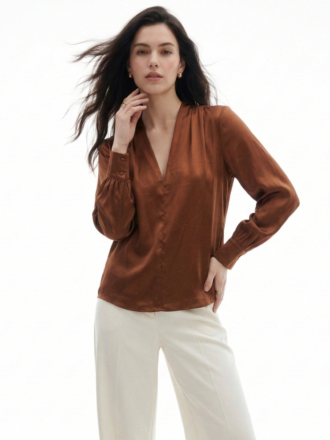 Brown Satin Full Sleeved Solid Blouse
