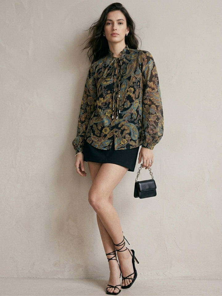 Green Printed Full Sleeves Top With Button Details