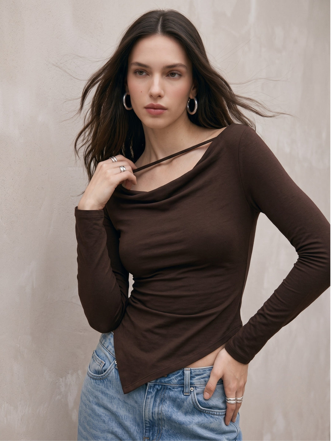 Brown Cowl Neck Cut Out Top