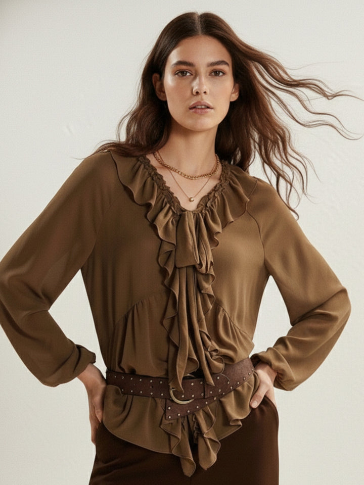 Brown Ruffled V Neck Top