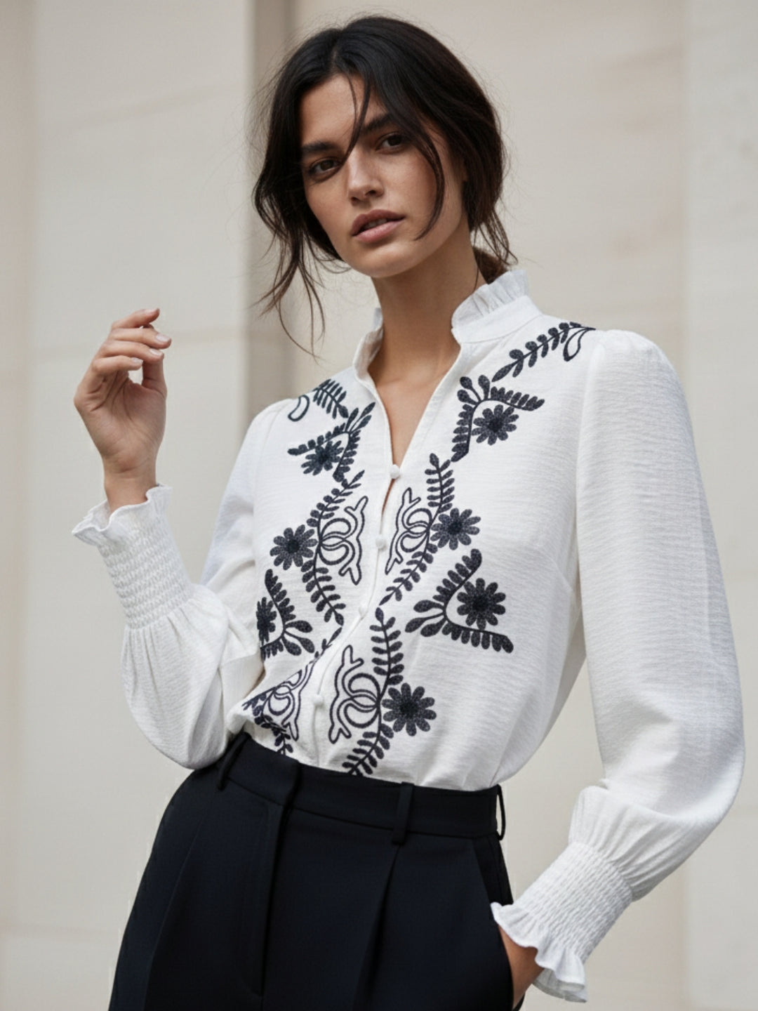 White Bishop Sleeve Mandarin Collar Embroidered Top