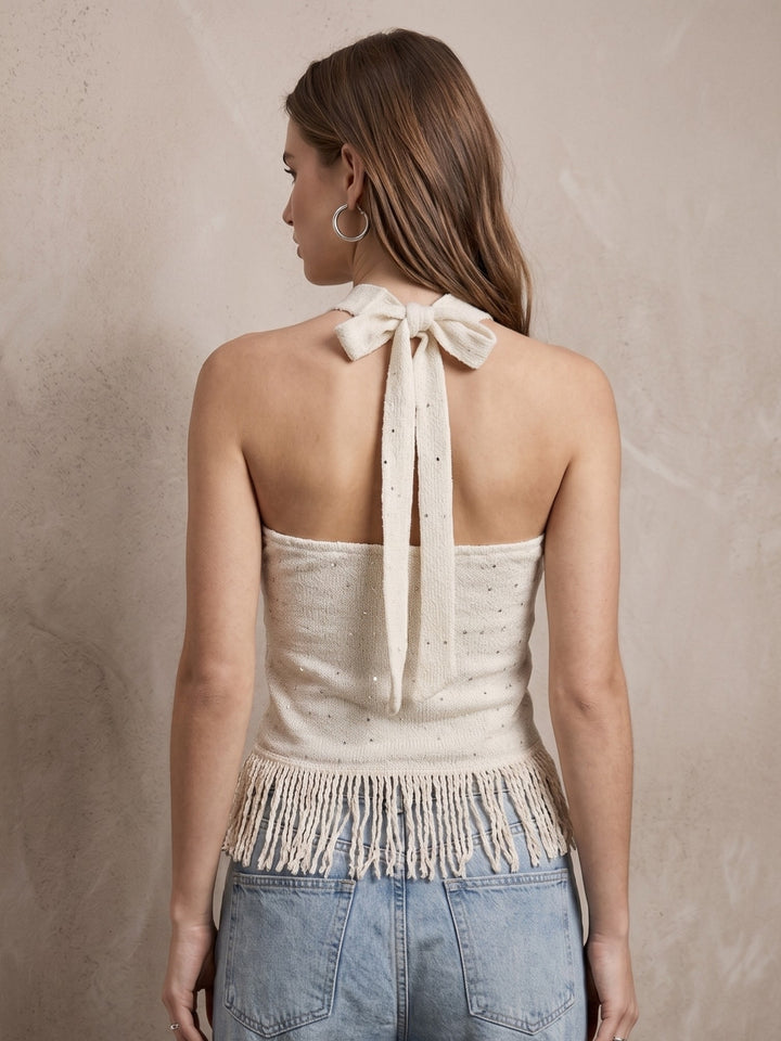 Off White Cross Halter Neck Tassel Hem Fitted Tank