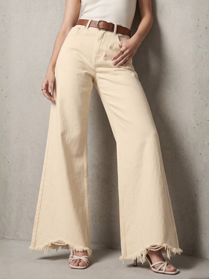 White Bottom Frayed Wide Leg Jeans