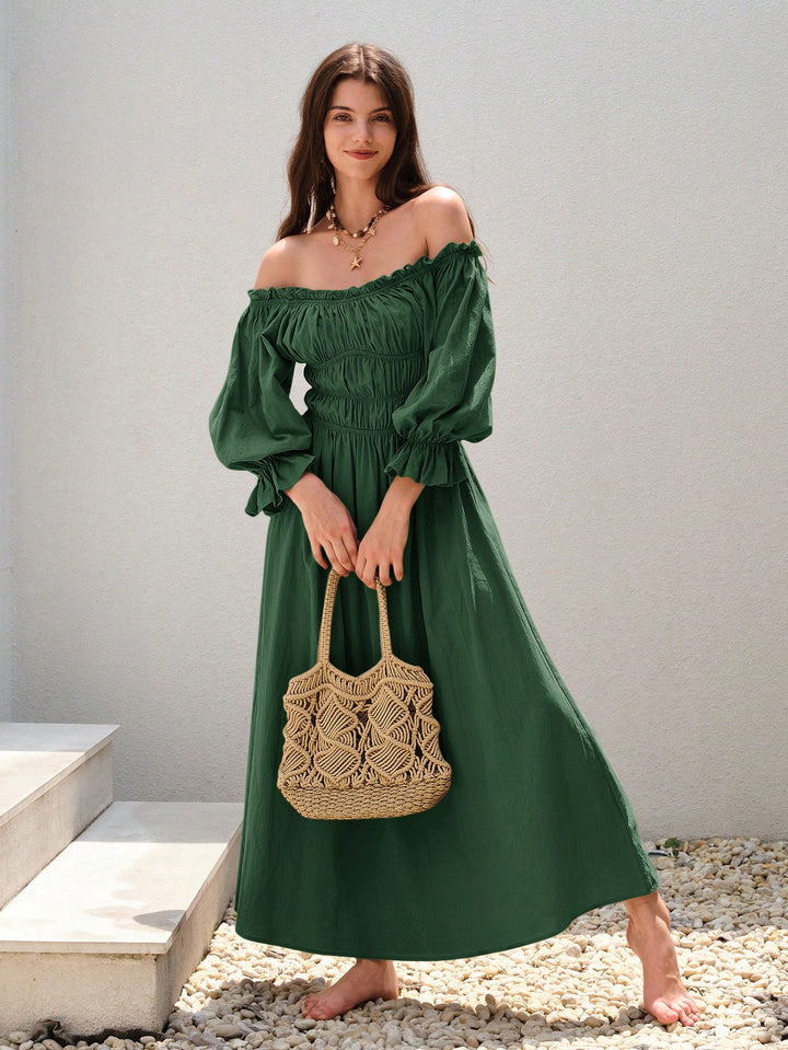 Green Off-Shoulder Flowy Dress