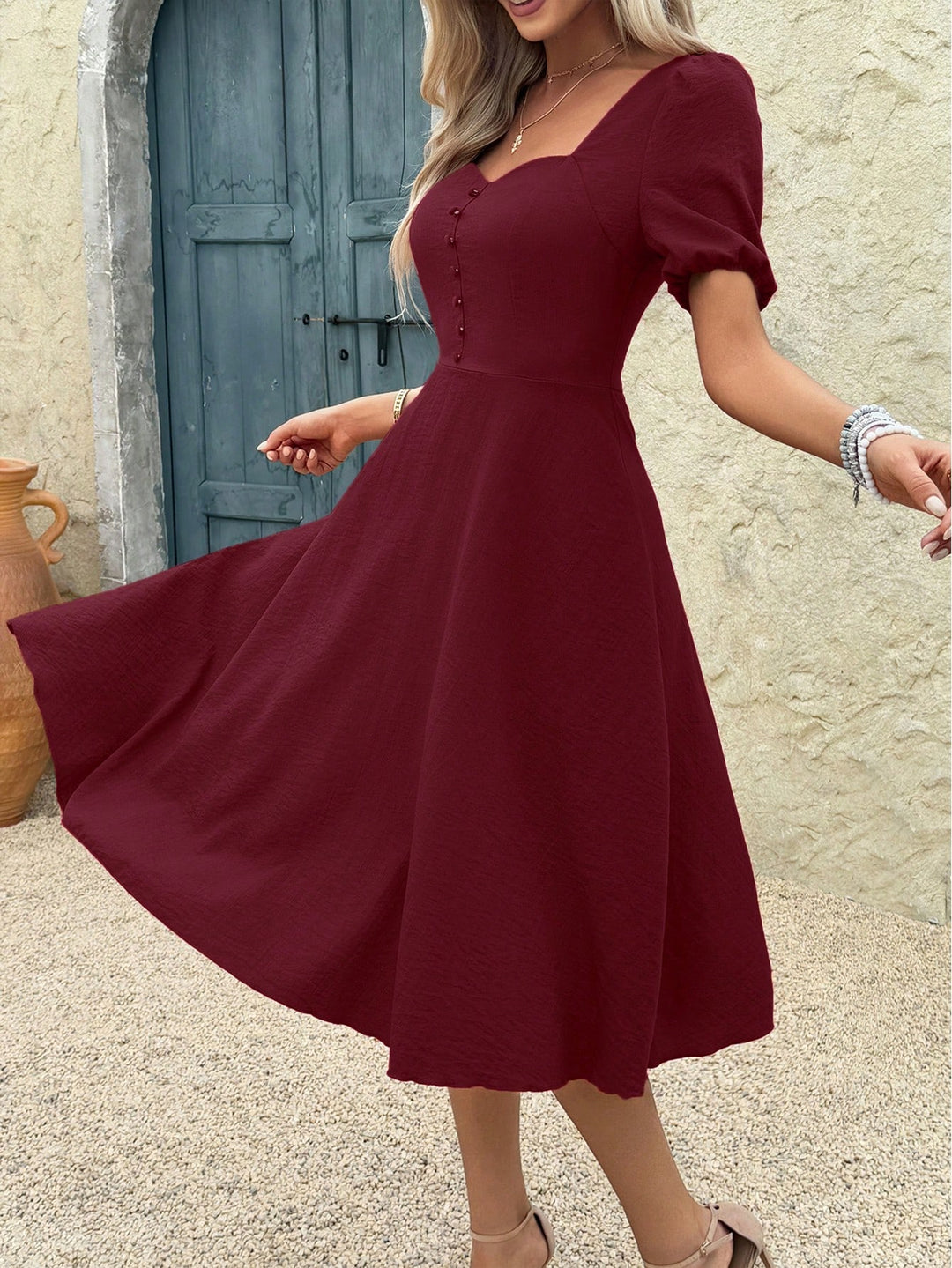Burgundy Puff Sleeve Sweetheart Neck Dress