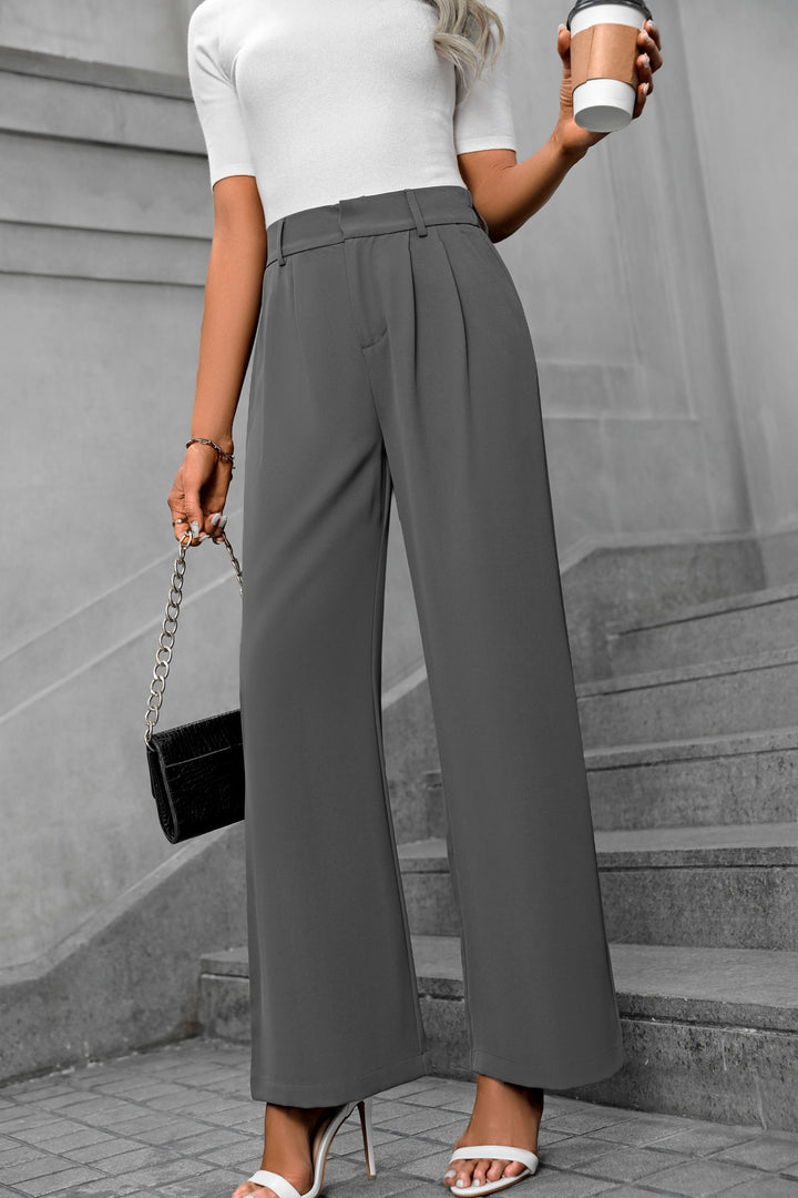Grey Waist Band Pleated Straight Fit Pants