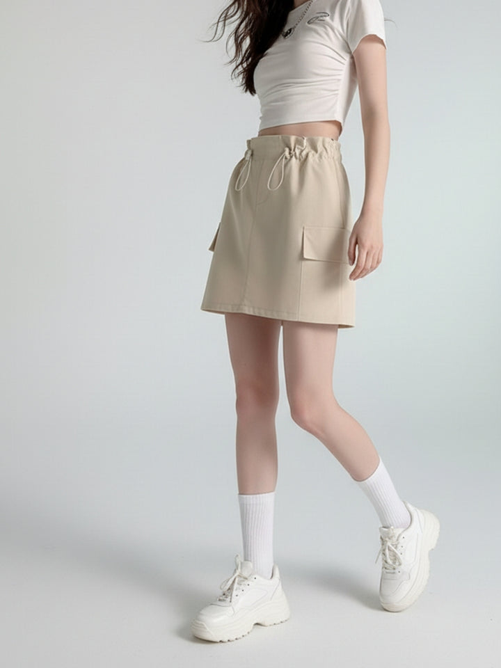 Beige Drawstring Cargo Skirt