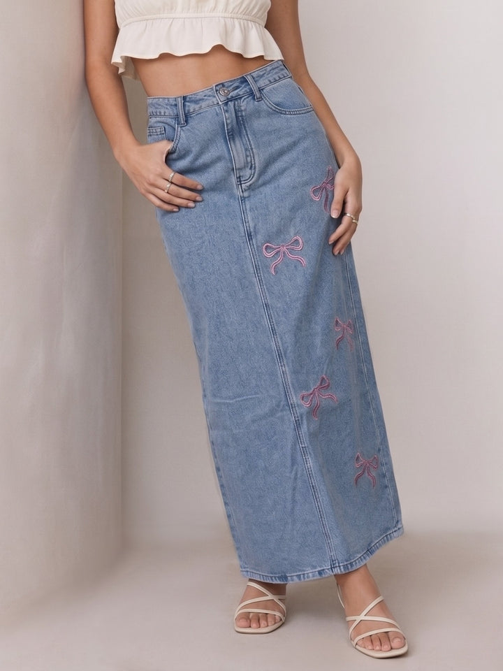 Pink Bow Embroidered Denim Skirt