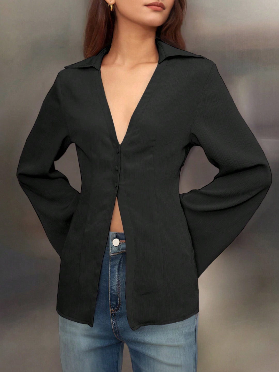 Black V-Neck Long Sleeve Shirt