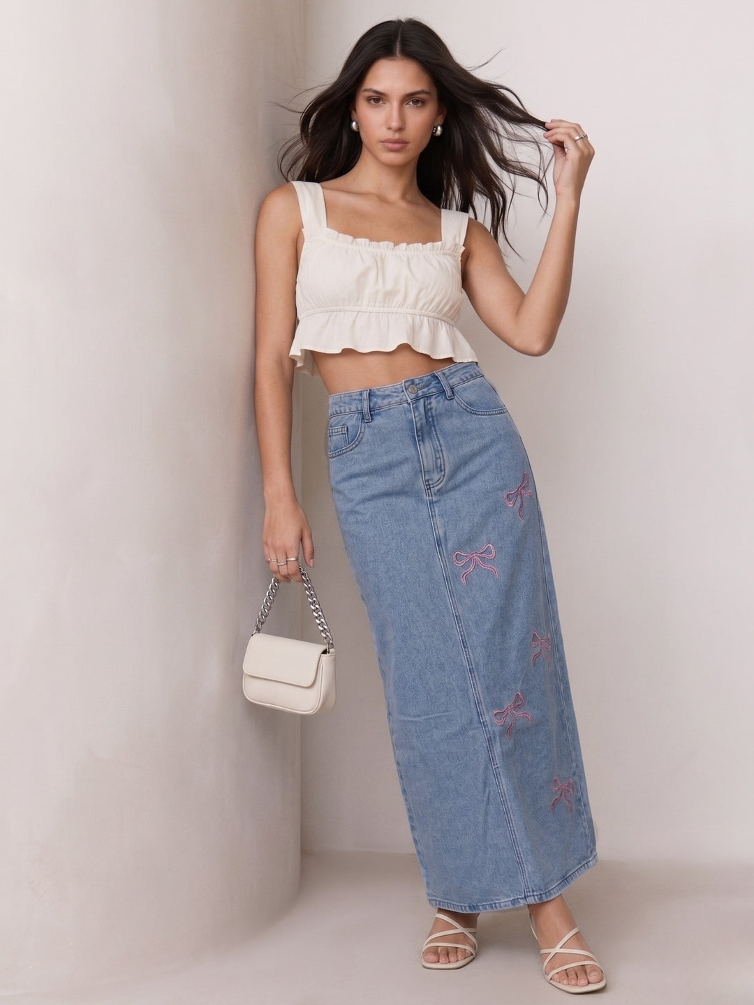 Pink Bow Embroidered Denim Skirt