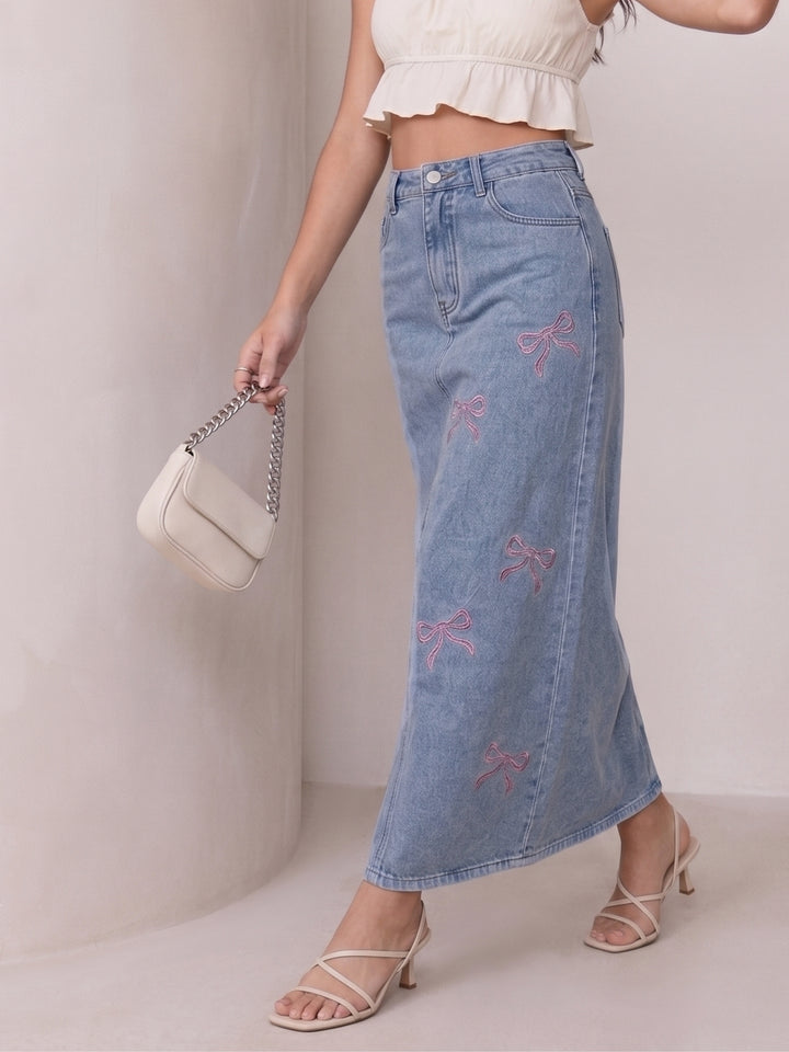 Pink Bow Embroidered Denim Skirt