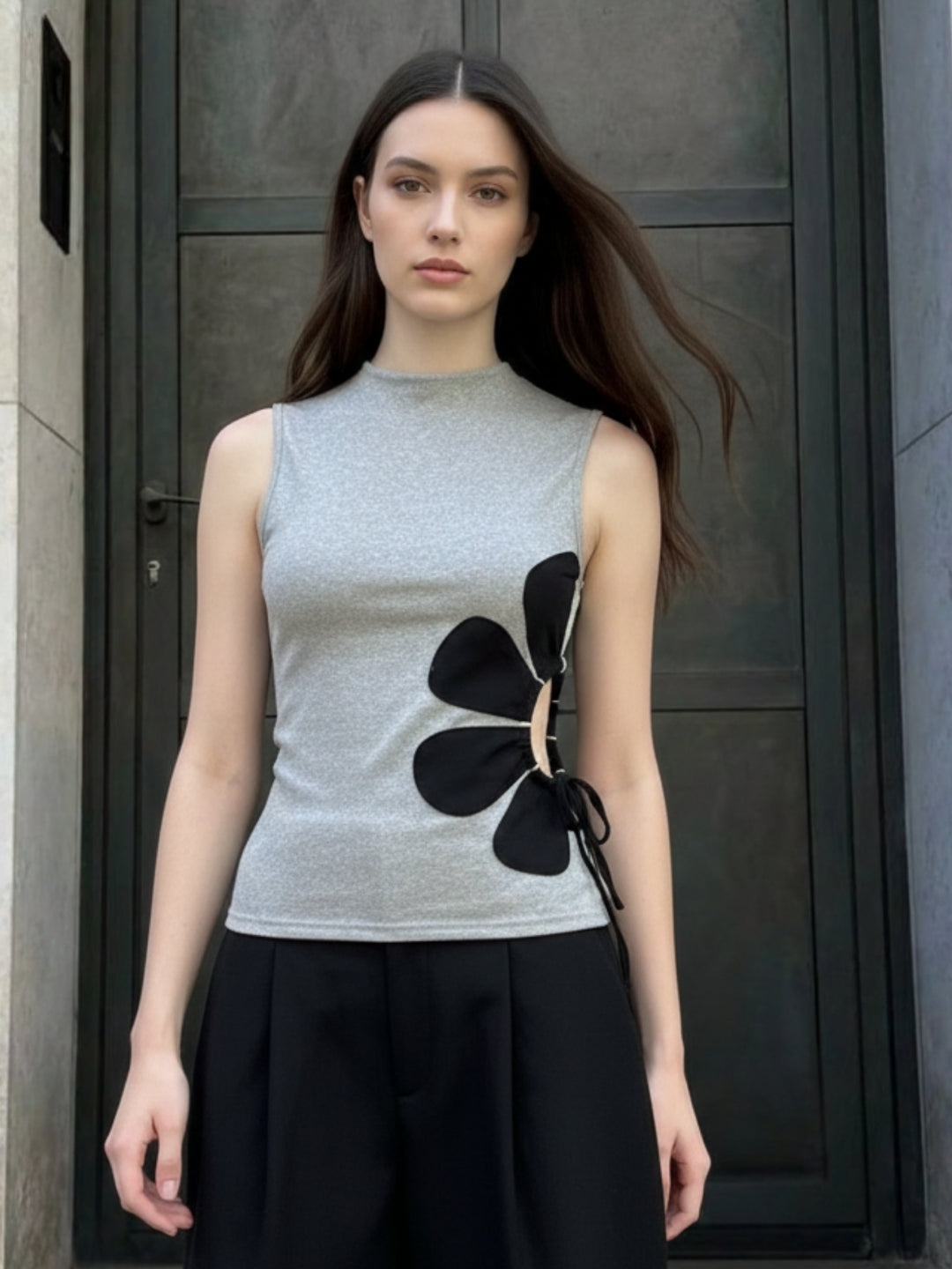 Grey Side Floral Ruched Top