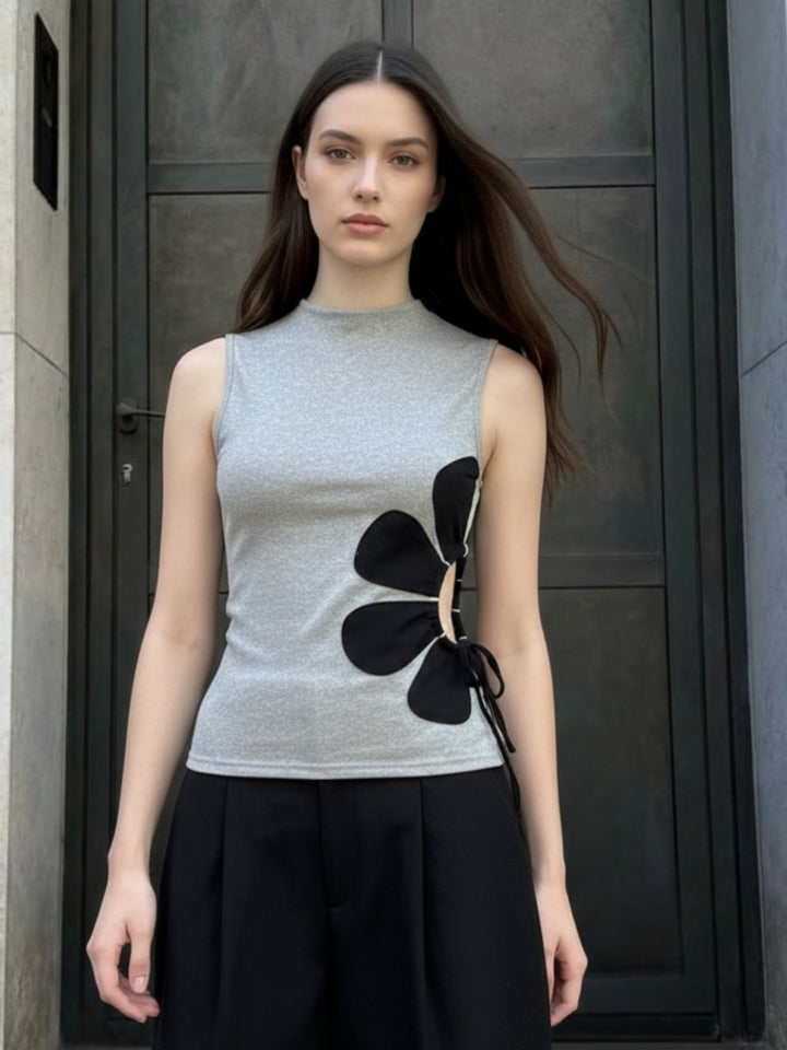 Grey Side Floral Ruched Top