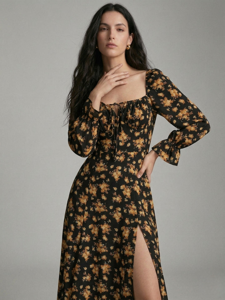 Black Bishop Sleeve Slit Printed Dress